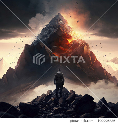 A man stands in front of an active volcano 100996886