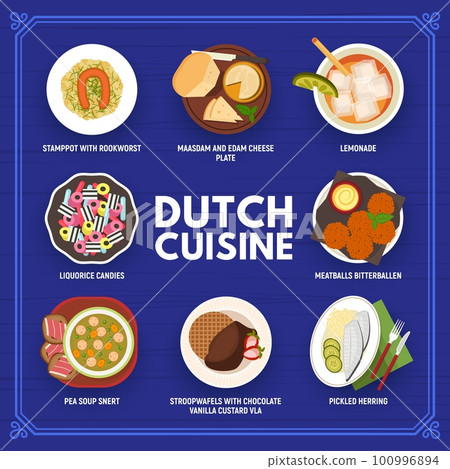 Dutch cuisine menu and food of Netherlands with stamppot, stroopwafel and bitterballen, vector. Dutch cuisine gourmet cheese plate and herring for restaurant dinner, rookworst sausage and lunch meals 100996894