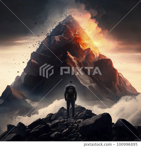 A man stands in front of an active volcano 100996895