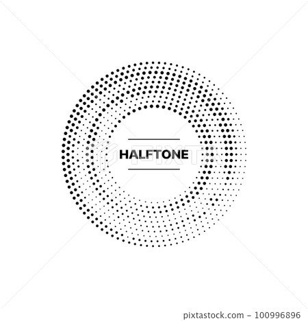 Halftone circle pattern frame with vector border of black dots. Round geometric shape with abstract texture of random dots, spots and points. Isolated half tone ring of dotted pattern, modern banner Halftone circle pattern frame with vector border of black dots. Round geometric shape with abstract texture of random dots, spots and points. Isolated half tone ring of dotted pattern, modern banner 100996896