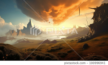 Stunning beautiful mountain scenery with open skies and surroundings. Fantasy and cinematic mountains Stunning beautiful mountain scenery with open skies and surroundings. Fantasy and cinematic mountains 100996941