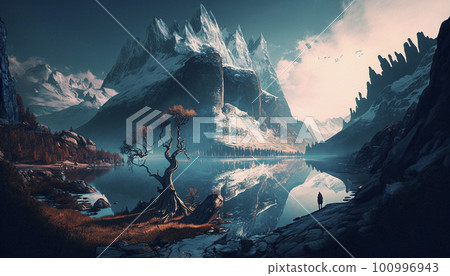 Stunning beautiful mountain scenery with open skies and surroundings. Fantasy and cinematic mountains 100996943