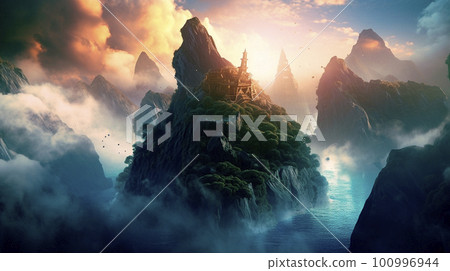 Stunning beautiful mountain scenery with open skies and surroundings. Fantasy and cinematic mountains Stunning beautiful mountain scenery with open skies and surroundings. Fantasy and cinematic mountains 100996944