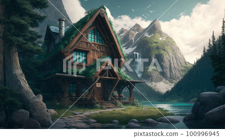 Stunning beautiful mountain scenery with open skies and surroundings. House in the mountains. Fantasy and cinematic mountains Stunning beautiful mountain scenery with open skies and surroundings. House in the mountains. Fantasy and cinematic mountains 100996945
