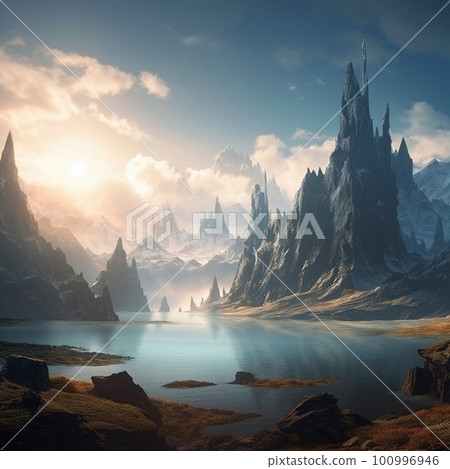 Stunning beautiful mountain scenery with open skies and surroundings. Fantasy and cinematic mountains Stunning beautiful mountain scenery with open skies and surroundings. Fantasy and cinematic mountains 100996946