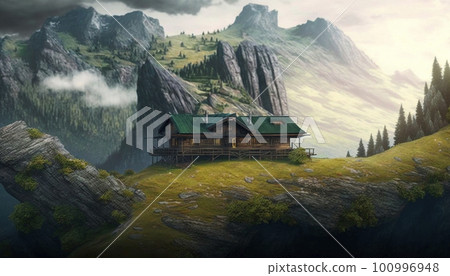 Stunning beautiful mountain scenery with open skies and surroundings. House in the mountains. Fantasy and cinematic mountains Stunning beautiful mountain scenery with open skies and surroundings. House in the mountains. Fantasy and cinematic mountains 100996948