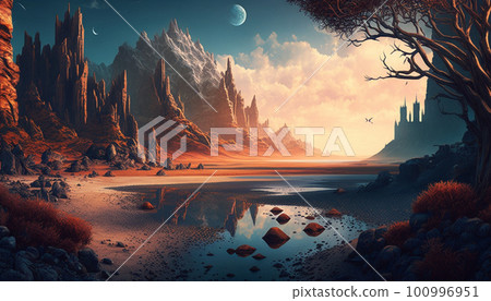 Stunning beautiful mountain scenery with open skies and surroundings. Fantasy and cinematic mountains 100996951