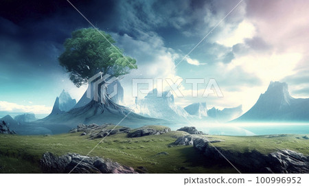 Stunning beautiful mountain scenery with open skies and surroundings. Fantasy and cinematic mountains 100996952