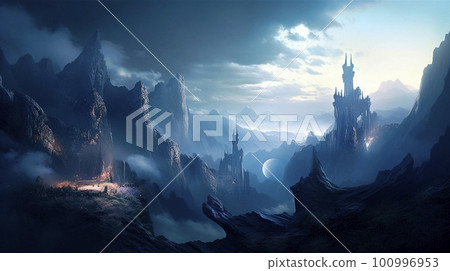 Stunning beautiful mountain scenery with open skies and surroundings. Fantasy and cinematic mountains 100996953