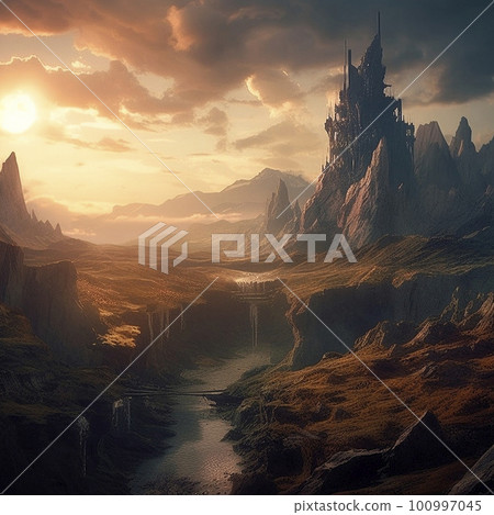 Stunning beautiful mountain scenery with open skies and surroundings. Fantasy and cinematic mountains 100997045