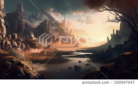 Stunning beautiful mountain scenery with open skies and surroundings. Fantasy and cinematic mountains 100997047