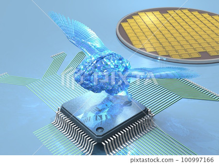 A 3DCG image that expresses high intelligence and high processing power such as AI and AI semiconductors in flapping wings. 100997166
