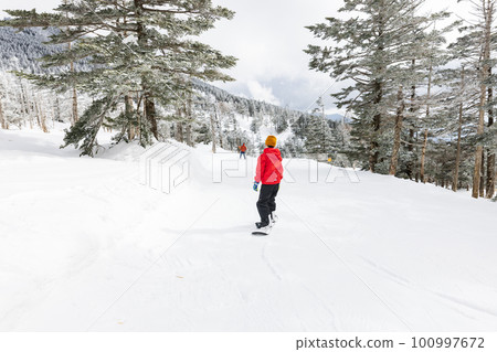 Kids enjoying snowboarding 100997672