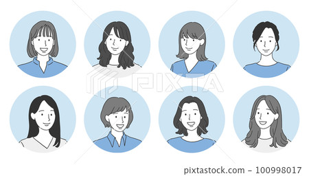 Round icon set of a woman with a bright expression 100998017