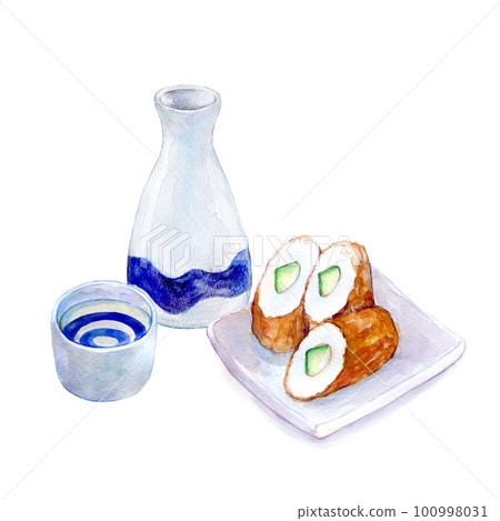 Japanese sake and chikuwa cucumber evening drink set watercolor illustration Japanese sake and chikuwa cucumber evening drink set watercolor illustration 100998031