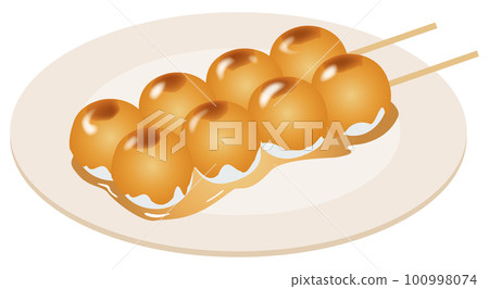 日本糖果 (Mitarashi dango) 在盤子上的圖像插圖 日本糖果 (Mitarashi dango) 在盤子上的圖像插圖 100998074