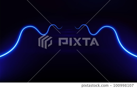 Podium, road, pedestal, platform in form wave with neon luminous rays on blue background. Stage with scenic lights. Abstract 3D neon backdrop. Neon magic motion lights wavy. Vector illustration. 100998107