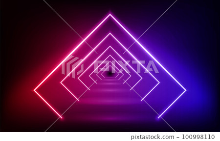 Podium, road, pedestal, platform in form rhombus with neon luminous rays on blue red background. Stage with scenic lights. Abstract 3D neon backdrop. Neon magic lights square. Vector illustration. 100998110