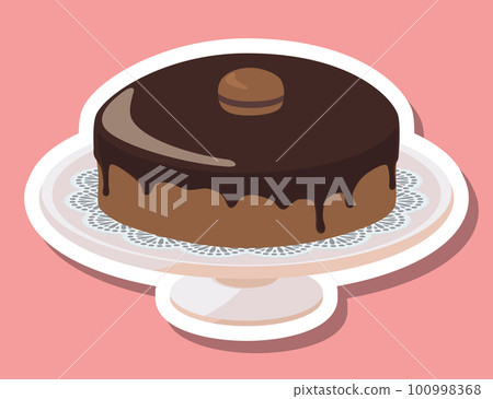 Sponge cake with chocolate sauce on a sticker-style cake stand, topped with macaroons Sponge cake with chocolate sauce on a sticker-style cake stand, topped with macaroons 100998368