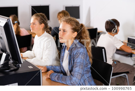 Teenage boys and girls using computers in IT class room 100998765