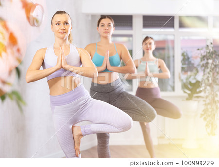 Fitness and healthy lifestyle concept: woman doing yoga yoga pose - vrikshasana pose on mat 100999229
