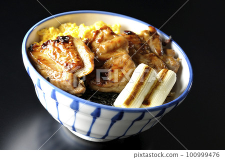 黑色背景中的照燒雞肉碗,上面放著碎雞蛋、烤蔥和切碎的海藻 黑色背景中的照燒雞肉碗,上面放著碎雞蛋、烤蔥和切碎的海藻 100999476