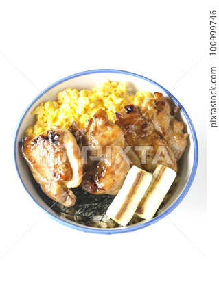 Teriyaki chicken bowl topped with soboro egg, grilled green onion and chopped seaweed together with a white background shot from above Teriyaki chicken bowl topped with soboro egg, grilled green onion and chopped seaweed together with a white background shot from above 100999746
