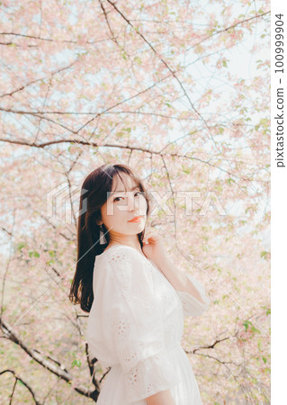 Cherry blossoms and a young woman 100999904