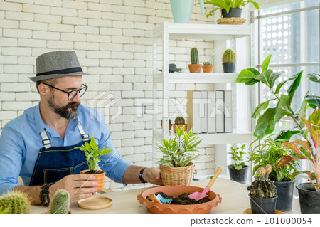 A senior man or grandfather with a mustache enjoys gardening for the tree at home after retirement 101000054