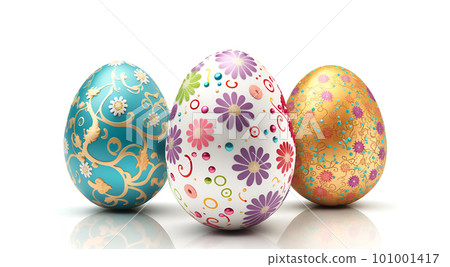Colorful easter eggs isolated on white background. Easter day Concept. 3D illustration. 101001417