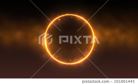 Neon circle frame with smoke cloud, glowing gradient ring with colorful fog and double border. 101001445