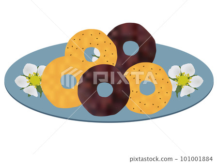 "3 types of donuts" plain chocolate chocolate chip dish floral pattern 101001884