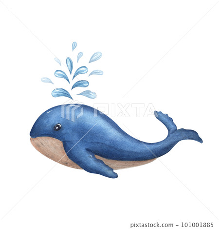 Cute cartoon watercolor blue whale isolated on white background. Sea illustration can be used for kids room decor, kids print, poster, pattern, stickers, wallpaper, wrapping 101001885