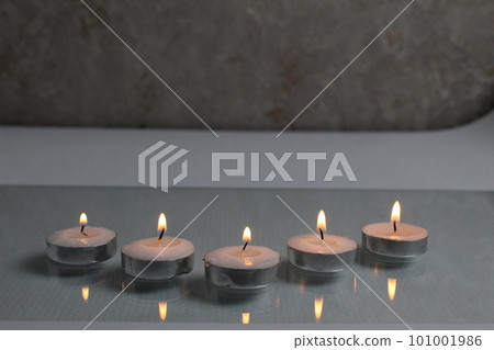 five small candles burn and stand in a triangle. side view. Divination Halloween Mystic 101001986