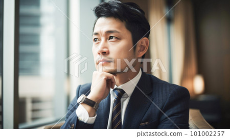 A Japanese businessman in a suit who worries and thinks: AI person A Japanese businessman in a suit who worries and thinks: AI person 101002257