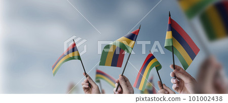 A group of people holding small flags of the Mauritius in their hands 101002438