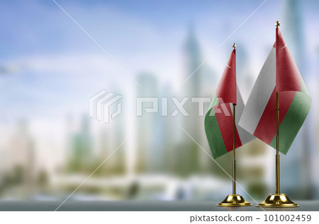 Small flags of the Oman on an abstract blurry background 101002459