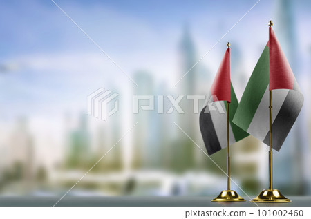 Small flags of the Arab Emirates on an abstract blurry background 101002460