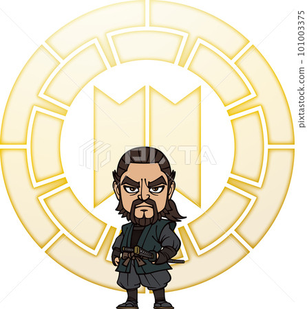 Handsome Hattori Hanzo Masanari standing with his hands on the scabbard [3 heads, family crest] 101003375