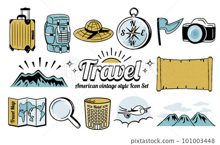 美式複古風酷炫時尚夏日旅行/旅行設計圖標插畫套裝_米色 美式複古風酷炫時尚夏日旅行/旅行設計圖標插畫套裝_米色 101003448