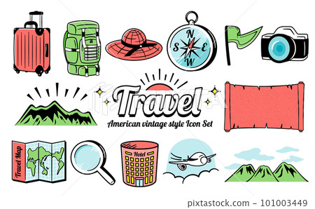 American vintage style cool and stylish summer travel/travel design icon illustration set_red yellow green American vintage style cool and stylish summer travel/travel design icon illustration set_red yellow green 101003449