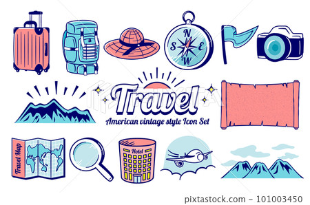 American vintage style cool and stylish summer travel/travel design icon illustration set_main line blue American vintage style cool and stylish summer travel/travel design icon illustration set_main line blue 101003450