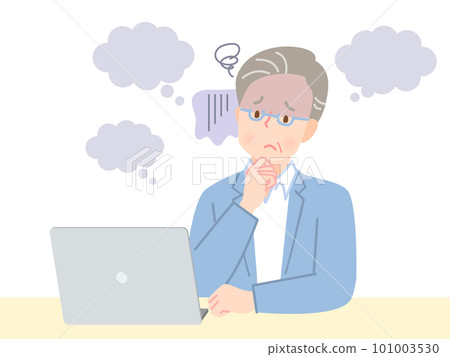 Illustration material of a senior man with a troubled expression thinking while looking at a computer Illustration material of a senior man with a troubled expression thinking while looking at a computer 101003530