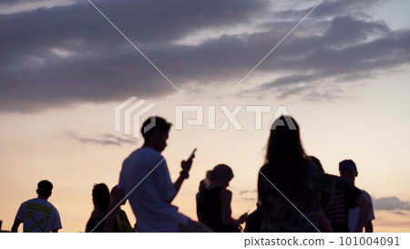 silhouettes of young people on the beach admiring the sunset silhouettes of young people on the beach admiring the sunset 101004091