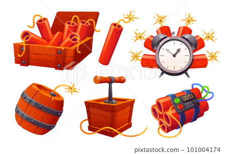 Cartoon tnt and barrel game ui icon set in vector 101004174