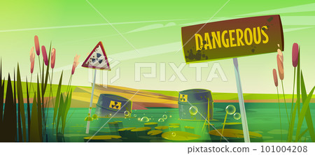 Green toxic swamp and reed, liquid waste barrels 101004208