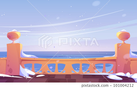 Hotel terrace empty view with sea and falling snow 101004212