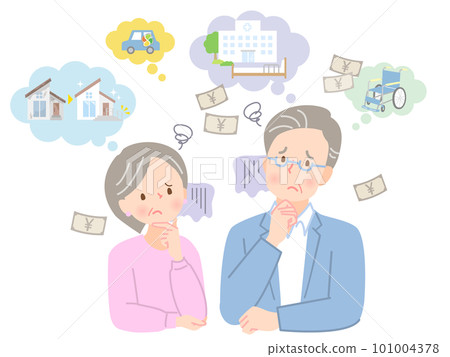Illustration material of senior men and women with troubled expressions thinking about old age 101004378