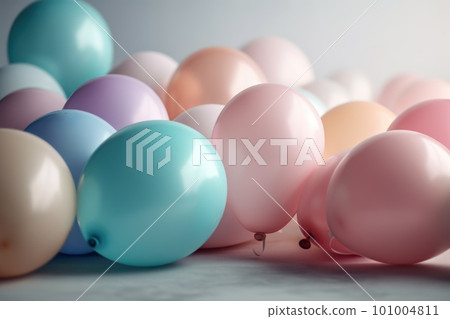 Pastel colorful balloons in white room background. Party and celebration. 101004811