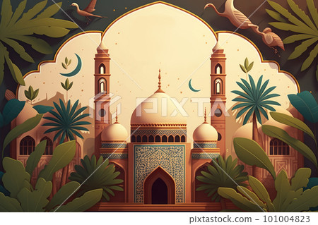 Arabic architecture, mosque, pattern and background. Ramadan Kareem Eid Mubarak Islamic holiday illustrations paper craft style. 101004823